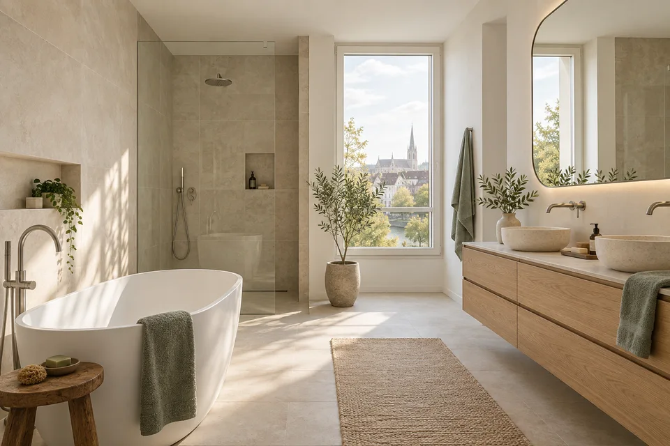 Inspiration für ein helles Badezimmer mit Blick ins Grüne