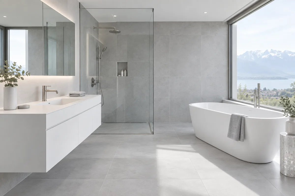 Badinspiration mit klaren Linien, heller Badewanne und reduzierter Einrichtung
